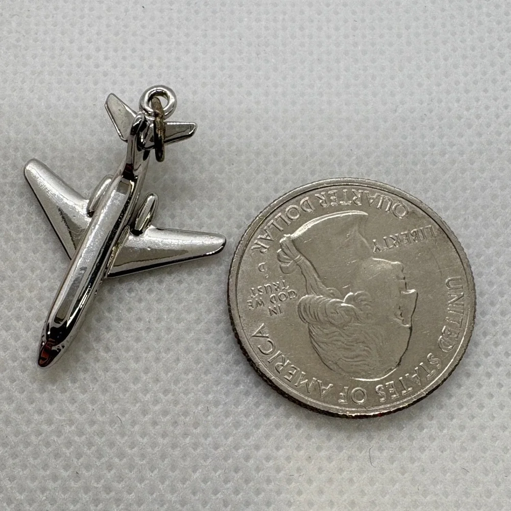 Vintage Sterling Silver Airplane Jet Charm Rhodium Plated Travel Pendant 3.59g